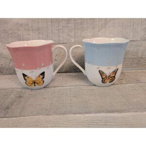Lenox Butterfly Meadow 2 Porcelain Mugs Pink & Blue Floral Butterfly Meadows